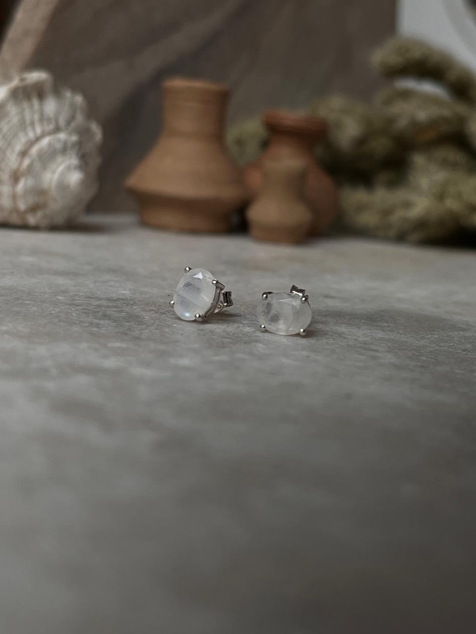 Moonstone Oval Faceted Studs 7MM 925 Sterling Silver Earrings