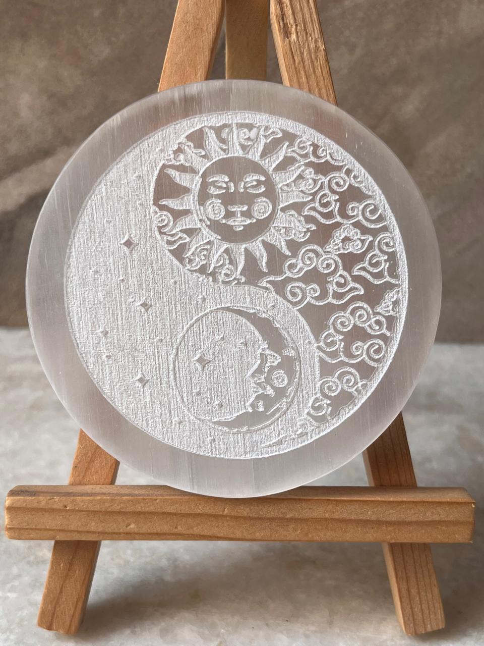 Selenite Charging Plate - Yin Yang- Moon Sun & Stars