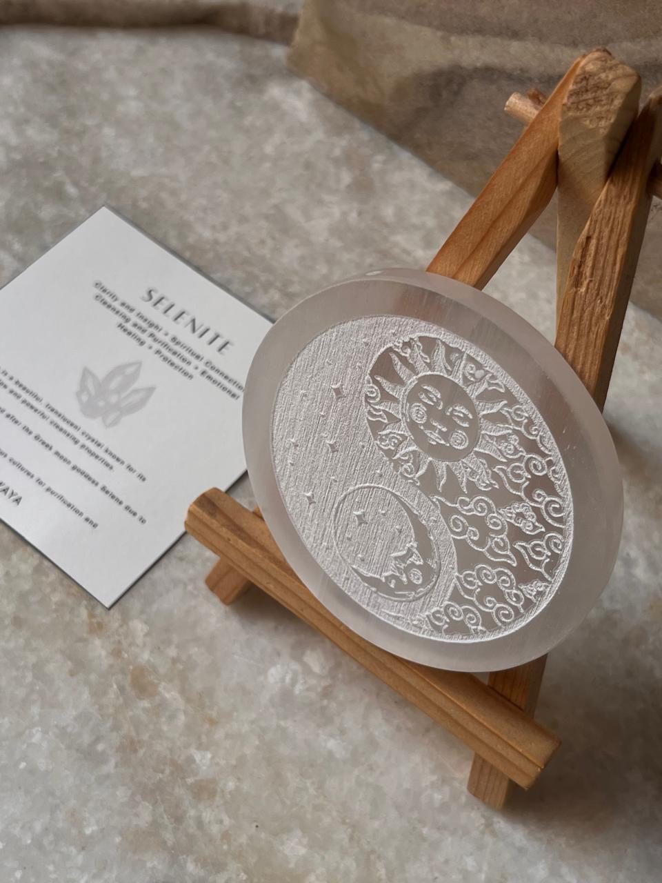 Selenite Charging Plate - Yin Yang- Moon Sun & Stars