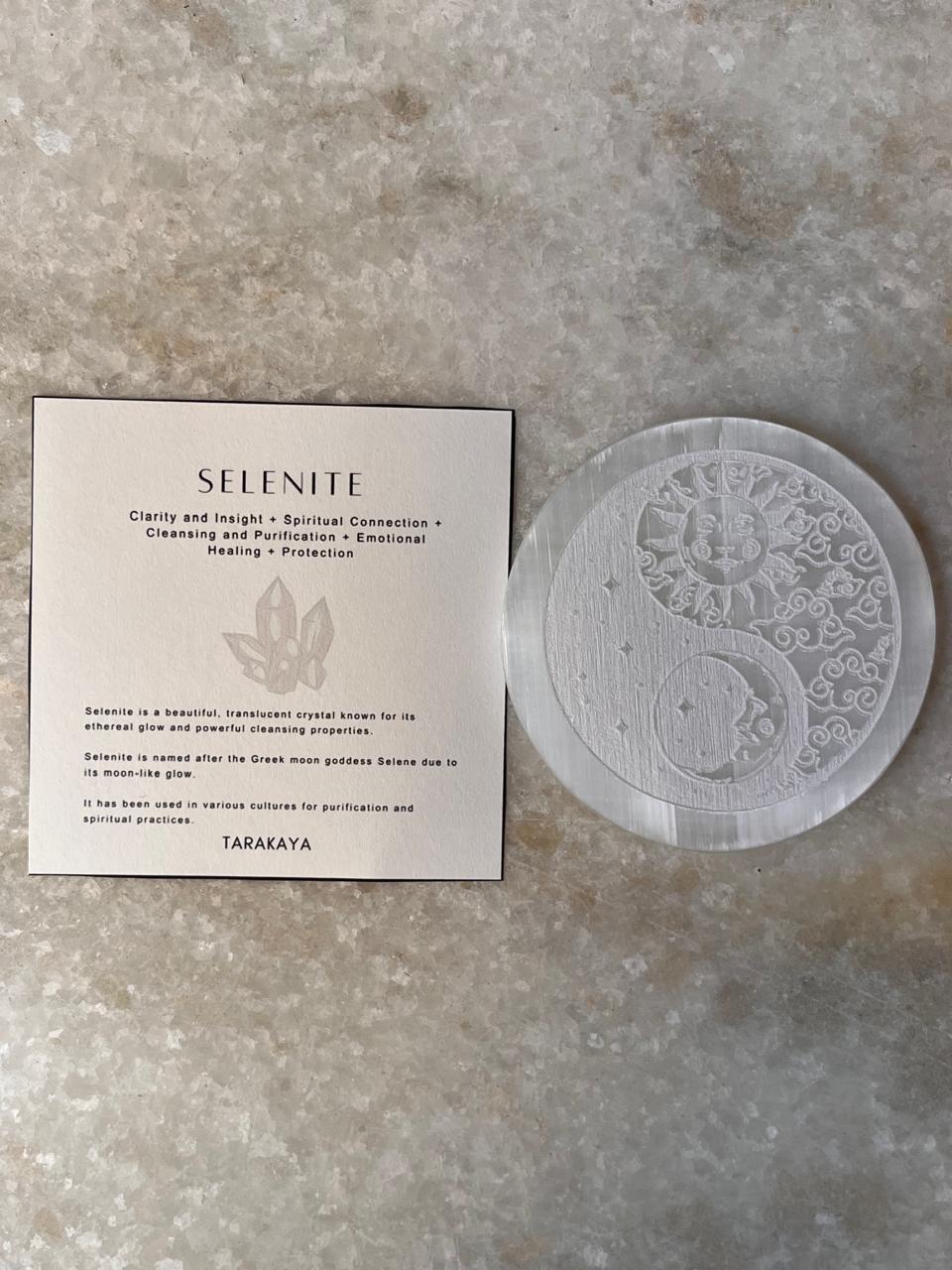 Selenite Charging Plate - Yin Yang- Moon Sun & Stars