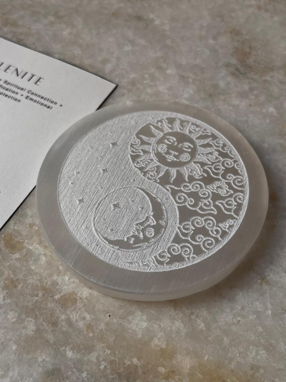 Selenite Charging Plate - Yin Yang- Moon Sun & Stars