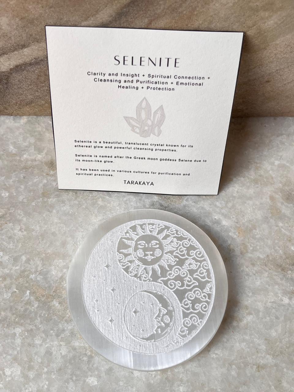 Selenite Charging Plate - Yin Yang- Moon Sun & Stars