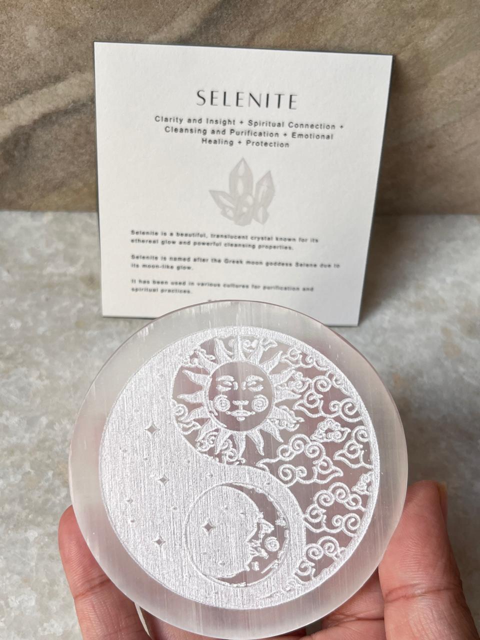 Selenite Charging Plate - Yin Yang- Moon Sun & Stars