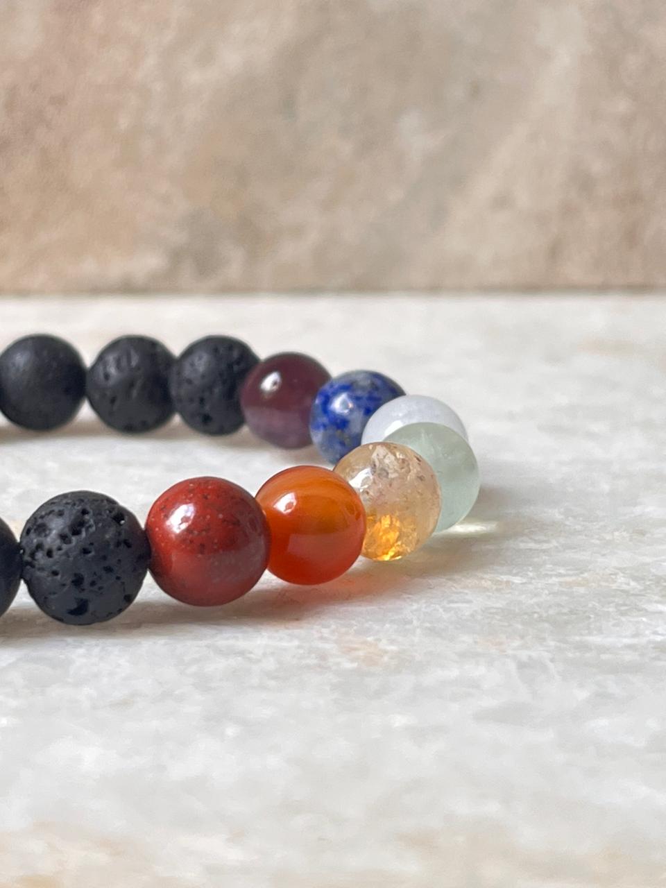 Seven Chakra With Black Lava Natural Crystal Bracelet 8MM
