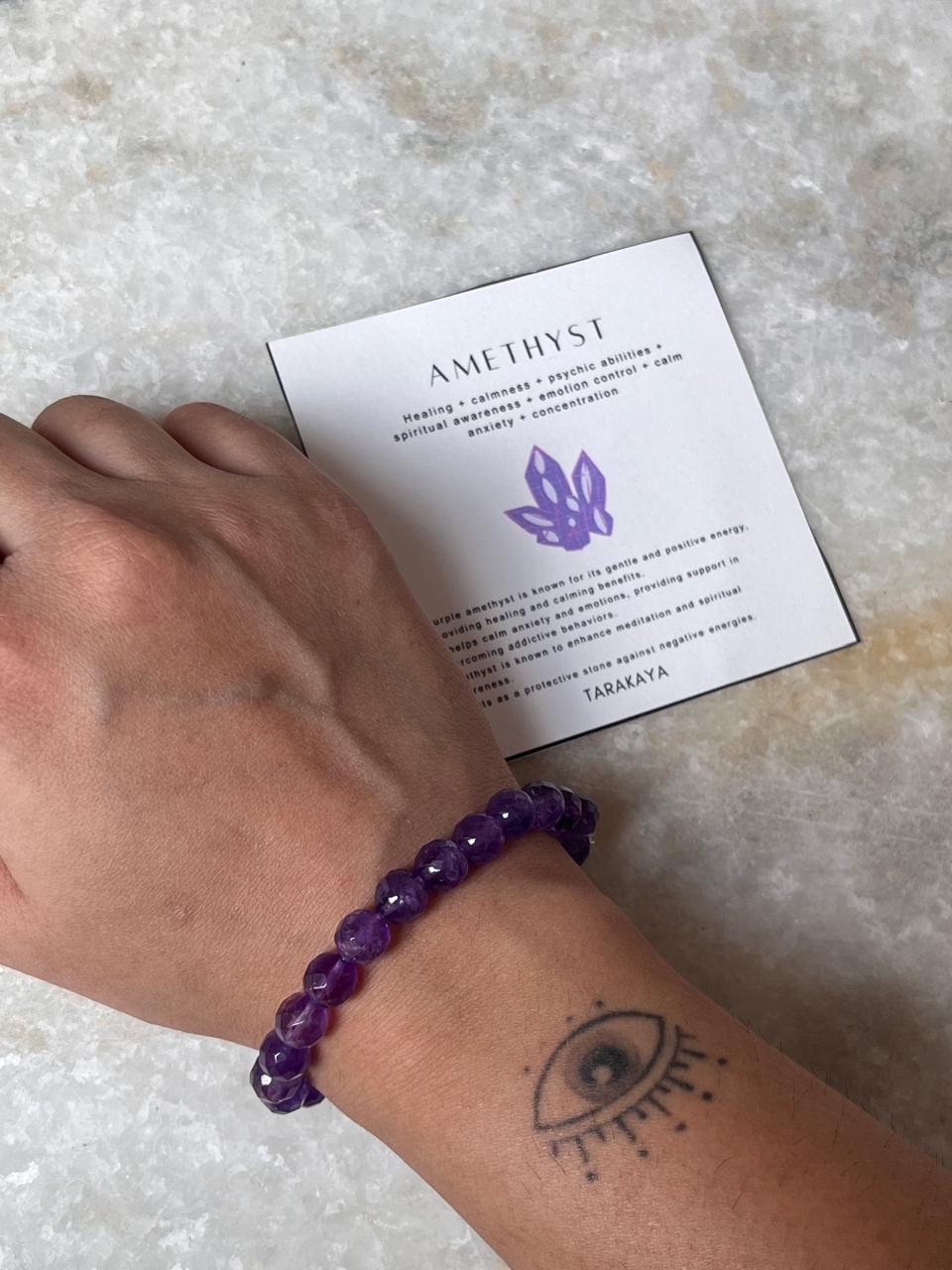 Diamond cut amethyst bead bracelet with natural crystals
