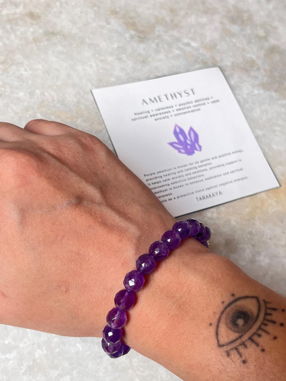 Amethyst Diamond Cut Natural Crystal Bracelet 8MM close-up