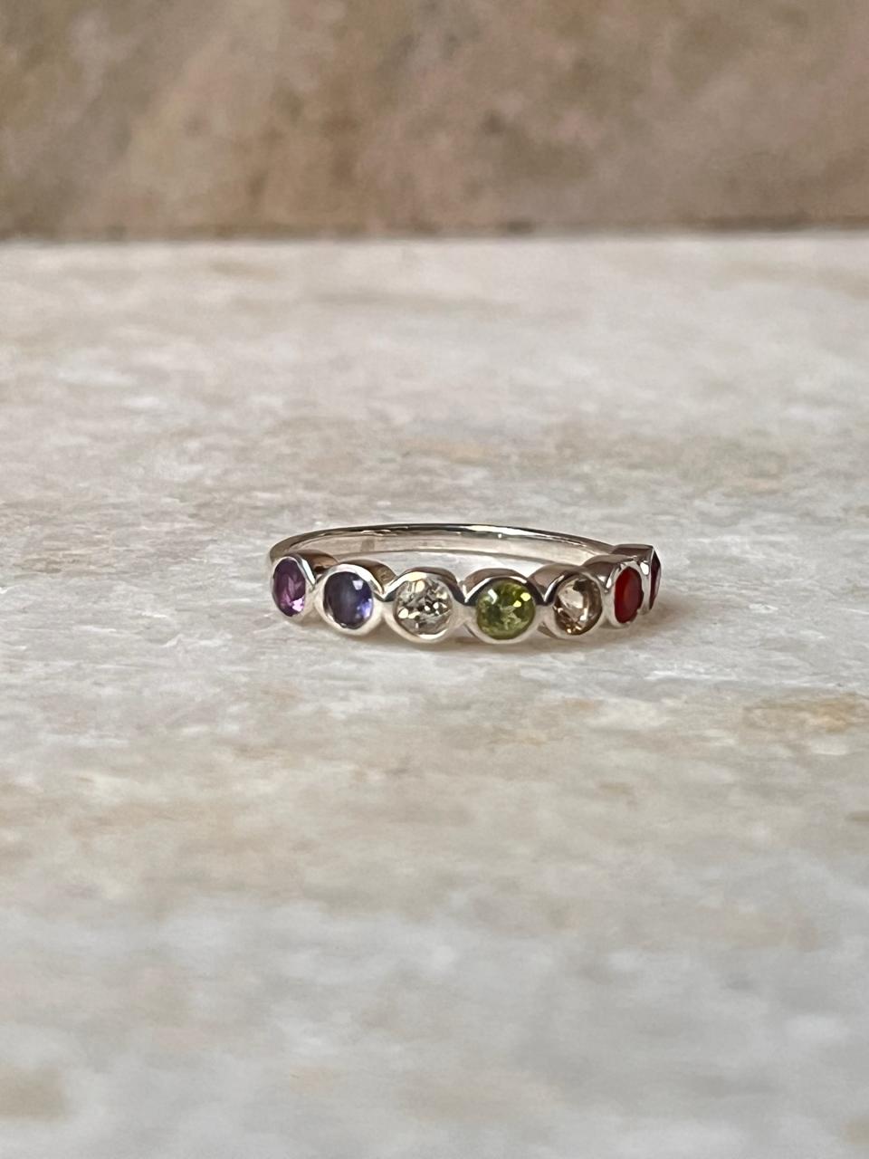 Seven Chakra Round Eternity Band 925 Sterling Silver Ring - Tarakaya Silver