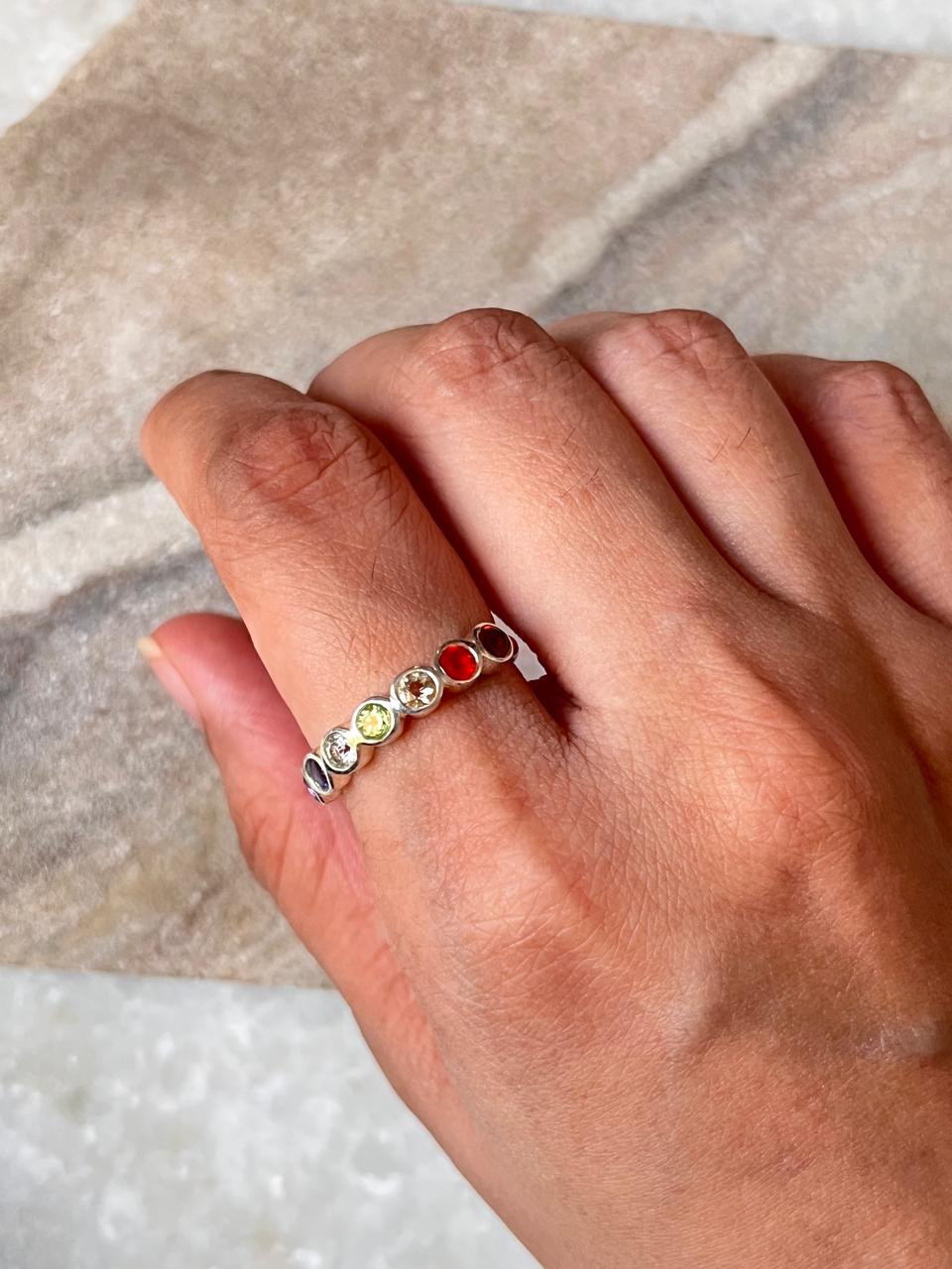 Seven Chakra Round Eternity Band 925 Sterling Silver Ring - Tarakaya Silver