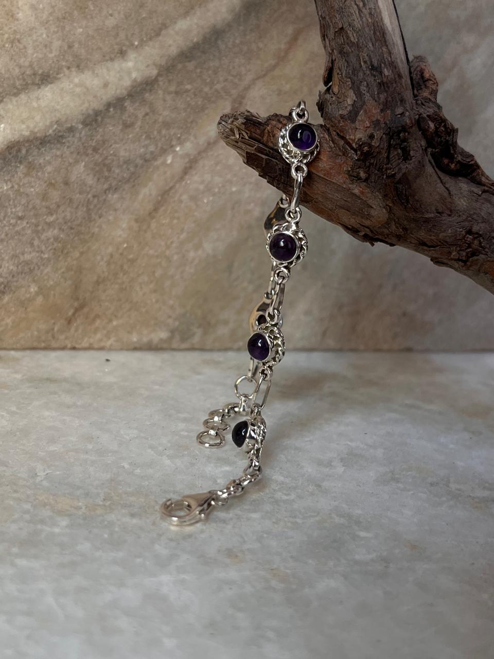 Amethyst Round Flower Boho 925 Sterling Silver Bracelet