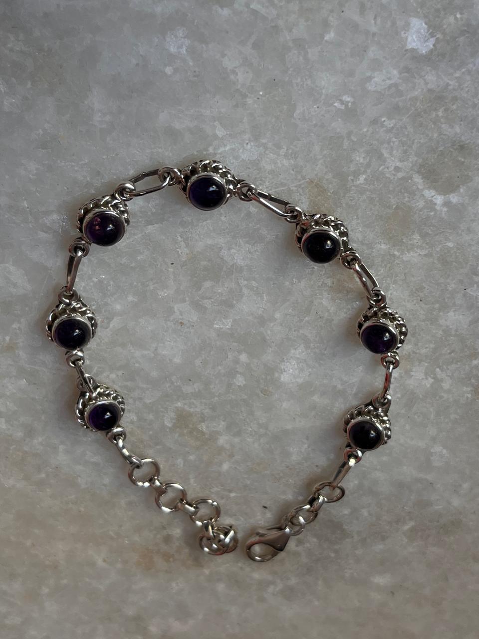 Amethyst Round Flower Boho 925 Sterling Silver Bracelet