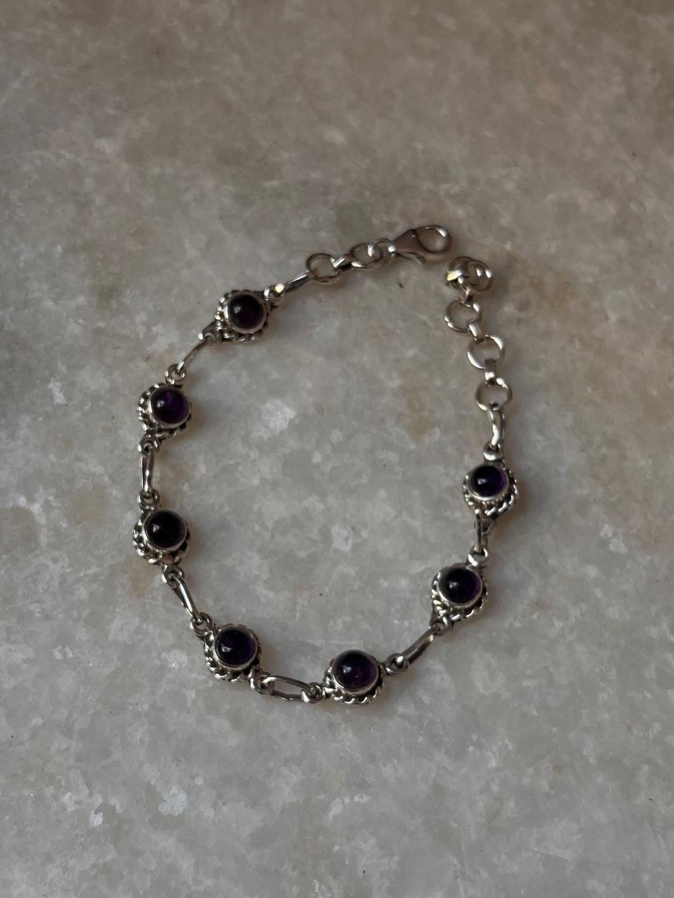 Amethyst Round Flower Boho 925 Sterling Silver Bracelet