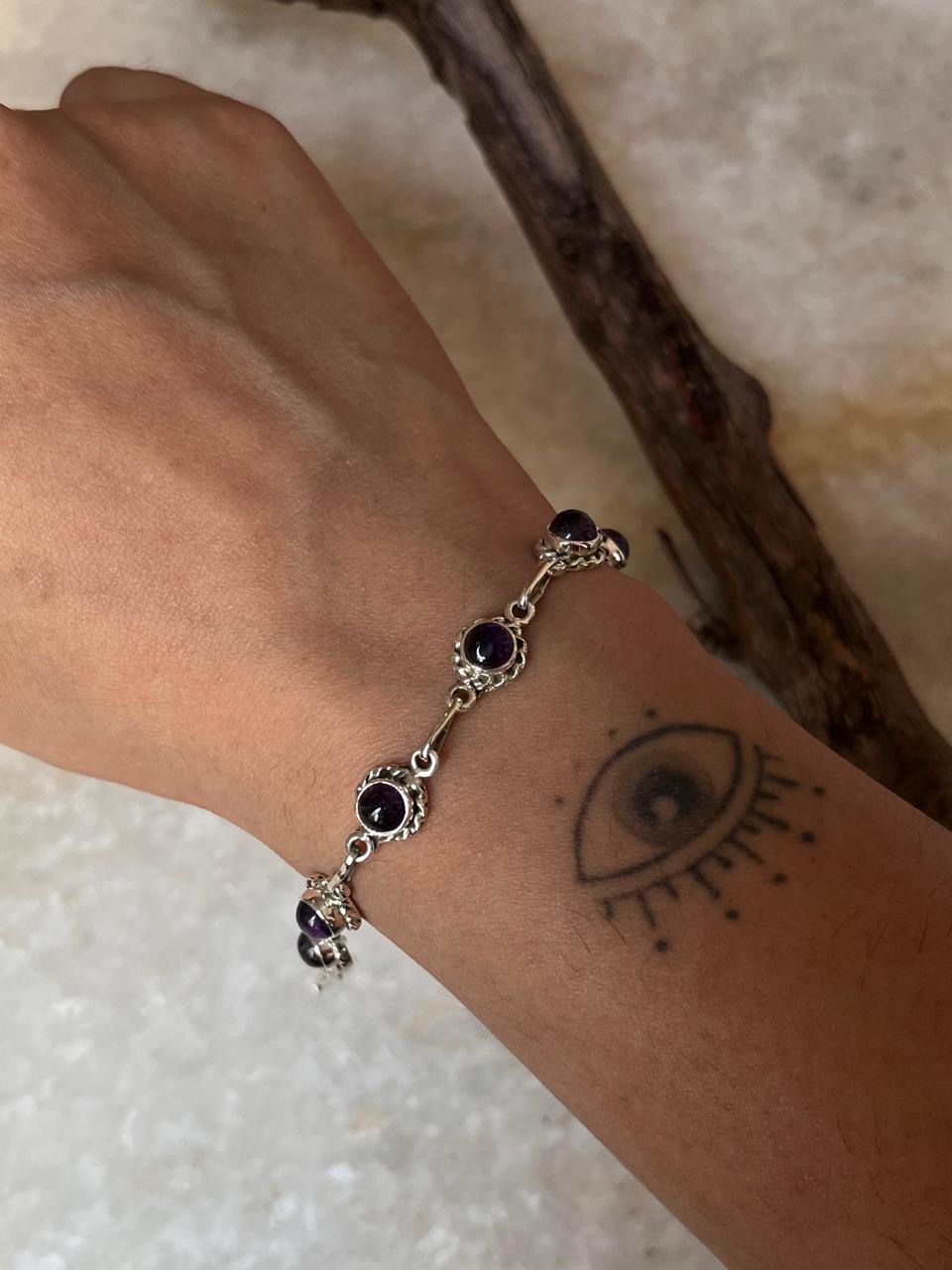 Amethyst Round Flower Boho 925 Sterling Silver Bracelet