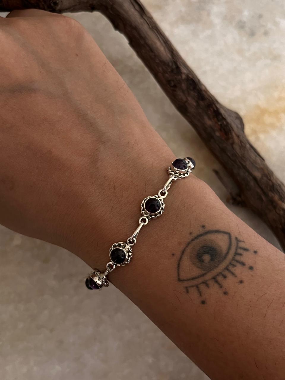 Amethyst Round Flower Boho 925 Sterling Silver Bracelet