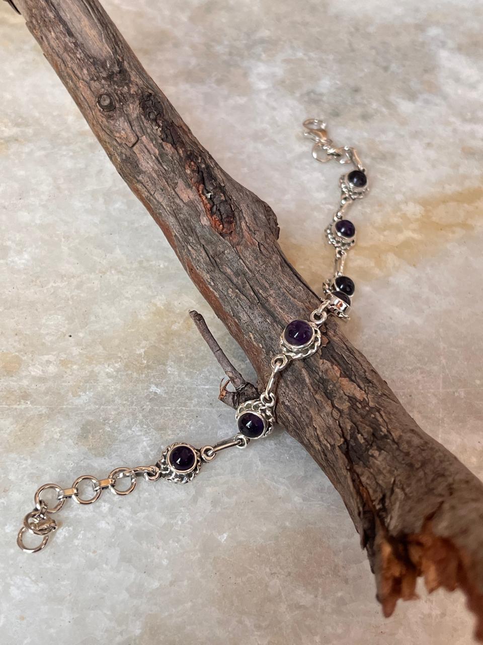 Amethyst Round Flower Boho 925 Sterling Silver Bracelet