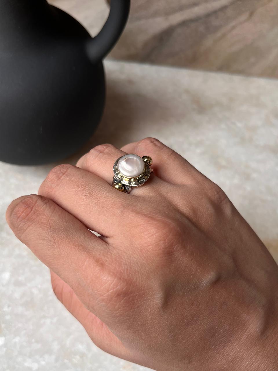 Baroque Pearl Round Rustic Fusion Handcrafted 925 Sterling Silver Ring