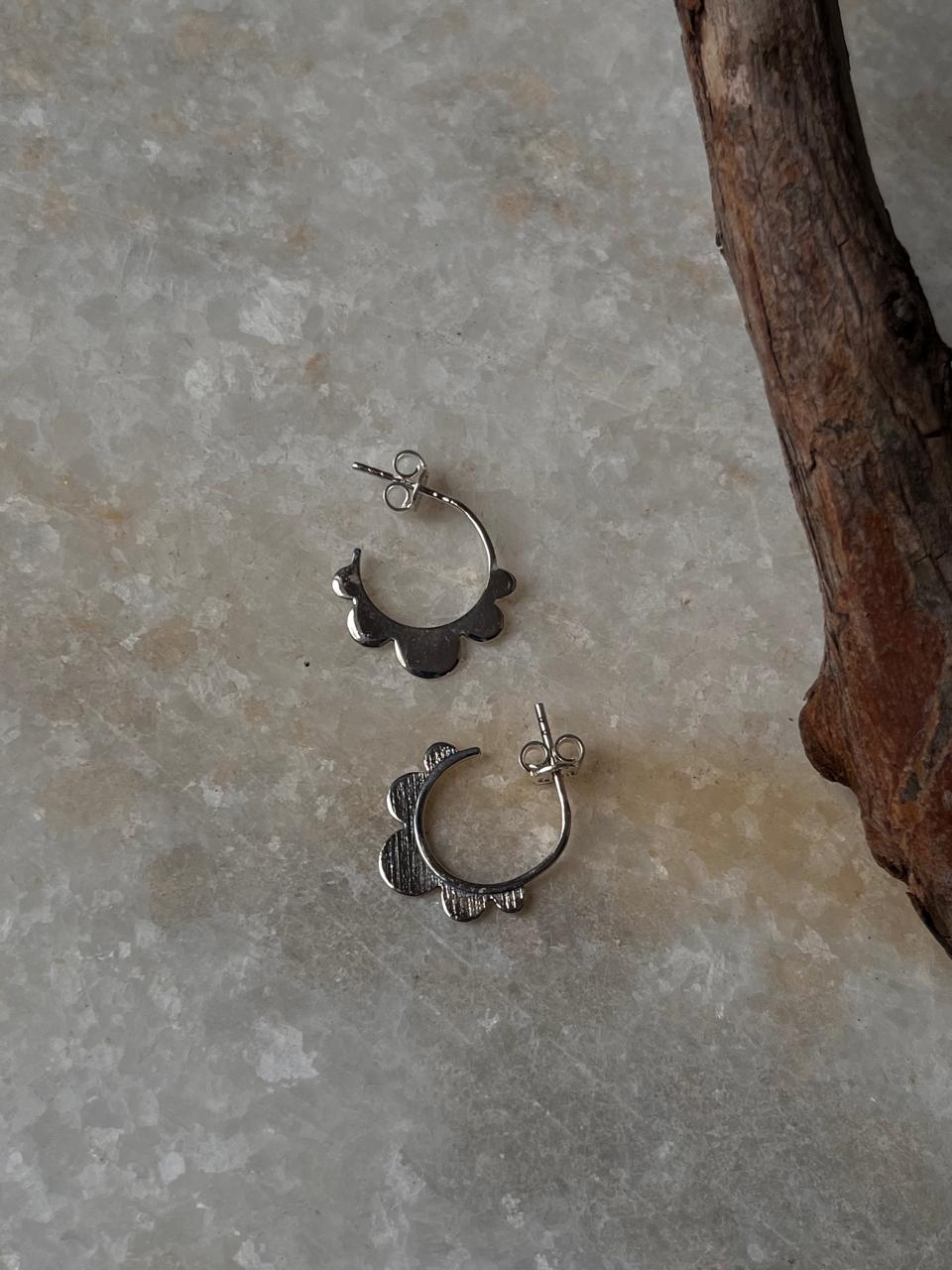 Flower Edge Half Hoops 925 Sterling Silver Earrings