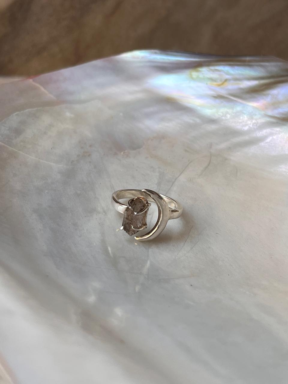 Clear Quartz Raw Uncut Crescent Moon Adjustable 925 Sterling Silver Ring