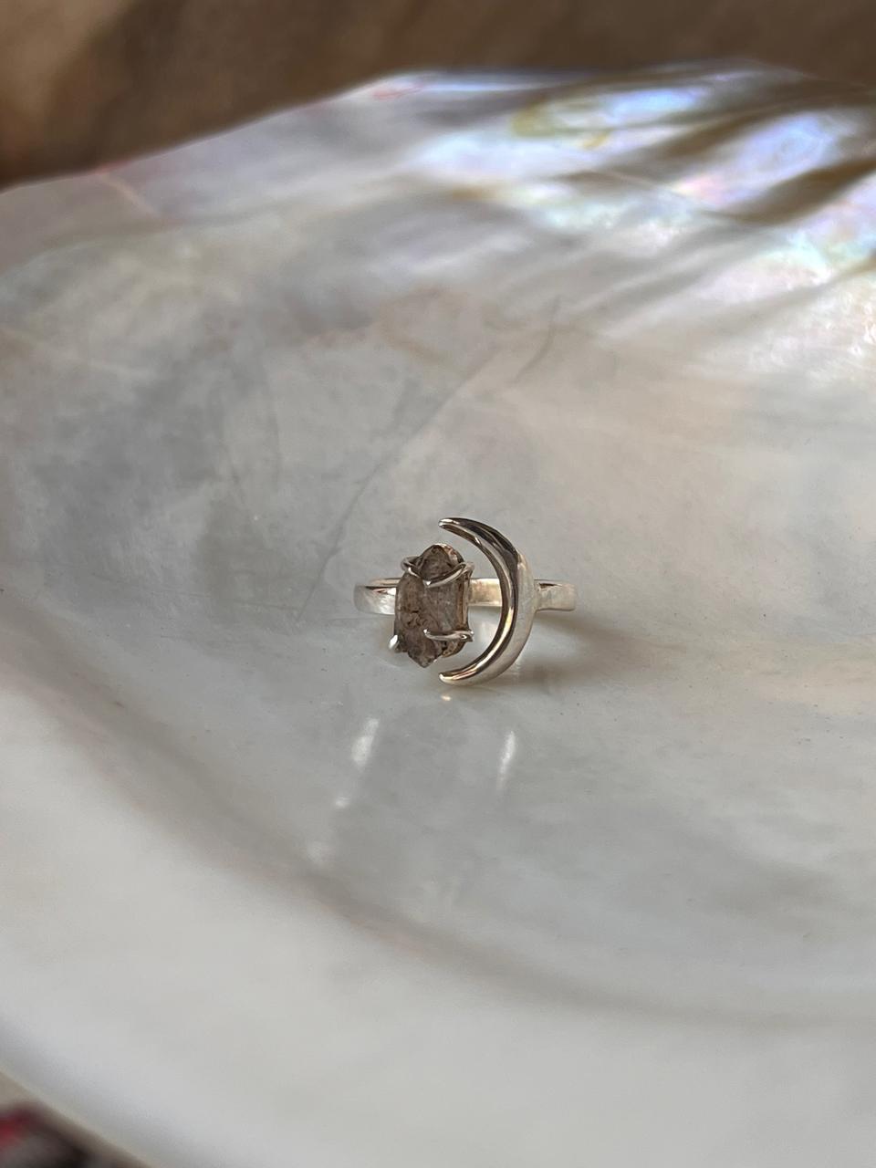 Clear Quartz Raw Uncut Crescent Moon Adjustable 925 Sterling Silver Ring