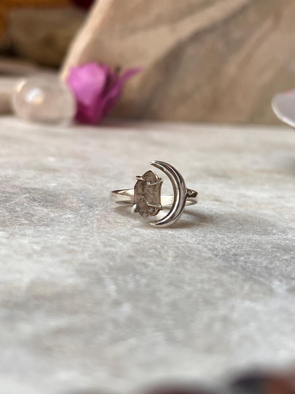 Clear Quartz Raw Uncut Crescent Moon Adjustable 925 Sterling Silver Ring