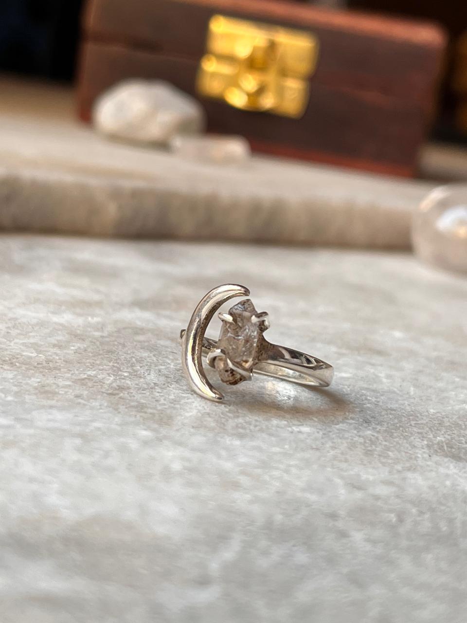 Clear Quartz Raw Uncut Crescent Moon Adjustable 925 Sterling Silver Ring