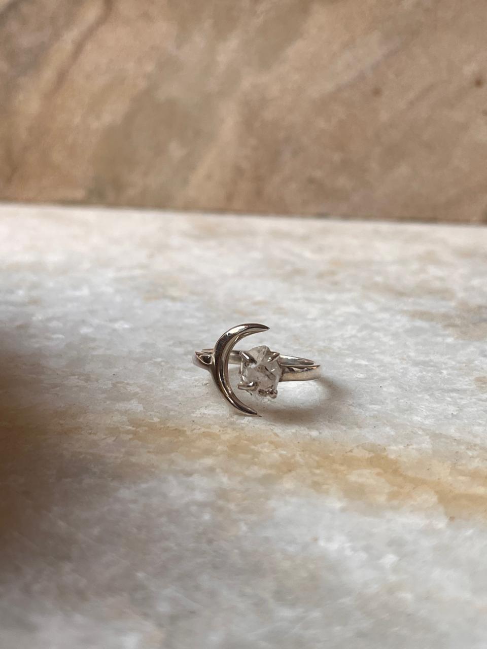 Clear Quartz Raw Uncut Crescent Moon Adjustable 925 Sterling Silver Ring