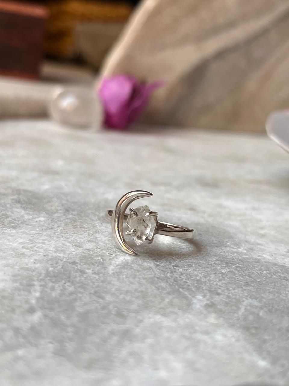 Clear Quartz Raw Uncut Crescent Moon Adjustable 925 Sterling Silver Ring