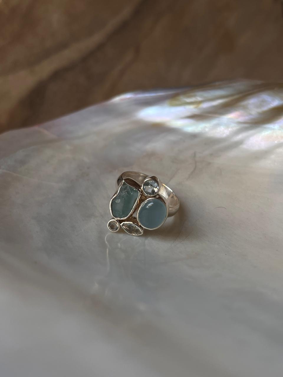 Aquamarine & Blue Topaz Cluster 4 925 Sterling Silver Ring