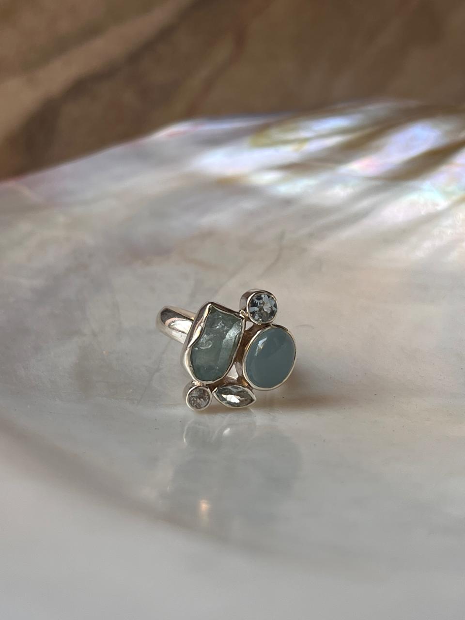 Aquamarine & Blue Topaz Cluster 4 925 Sterling Silver Ring