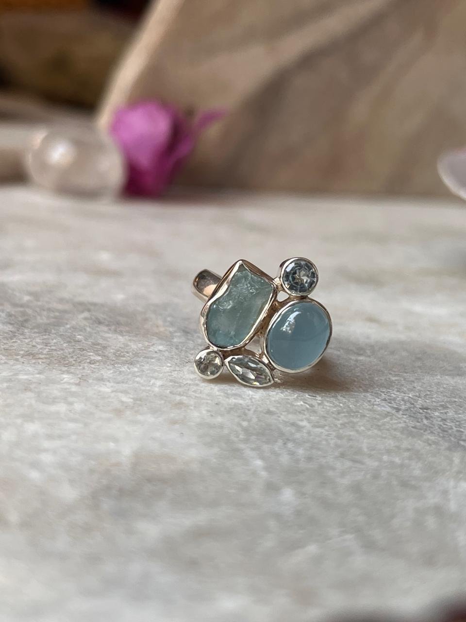 Aquamarine & Blue Topaz Cluster 4 925 Sterling Silver Ring