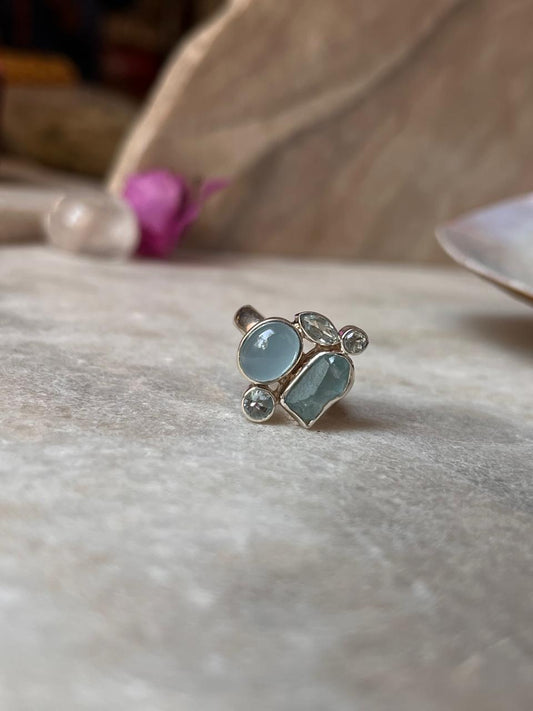 Aquamarine & Blue Topaz Cluster 4 925 Sterling Silver Ring
