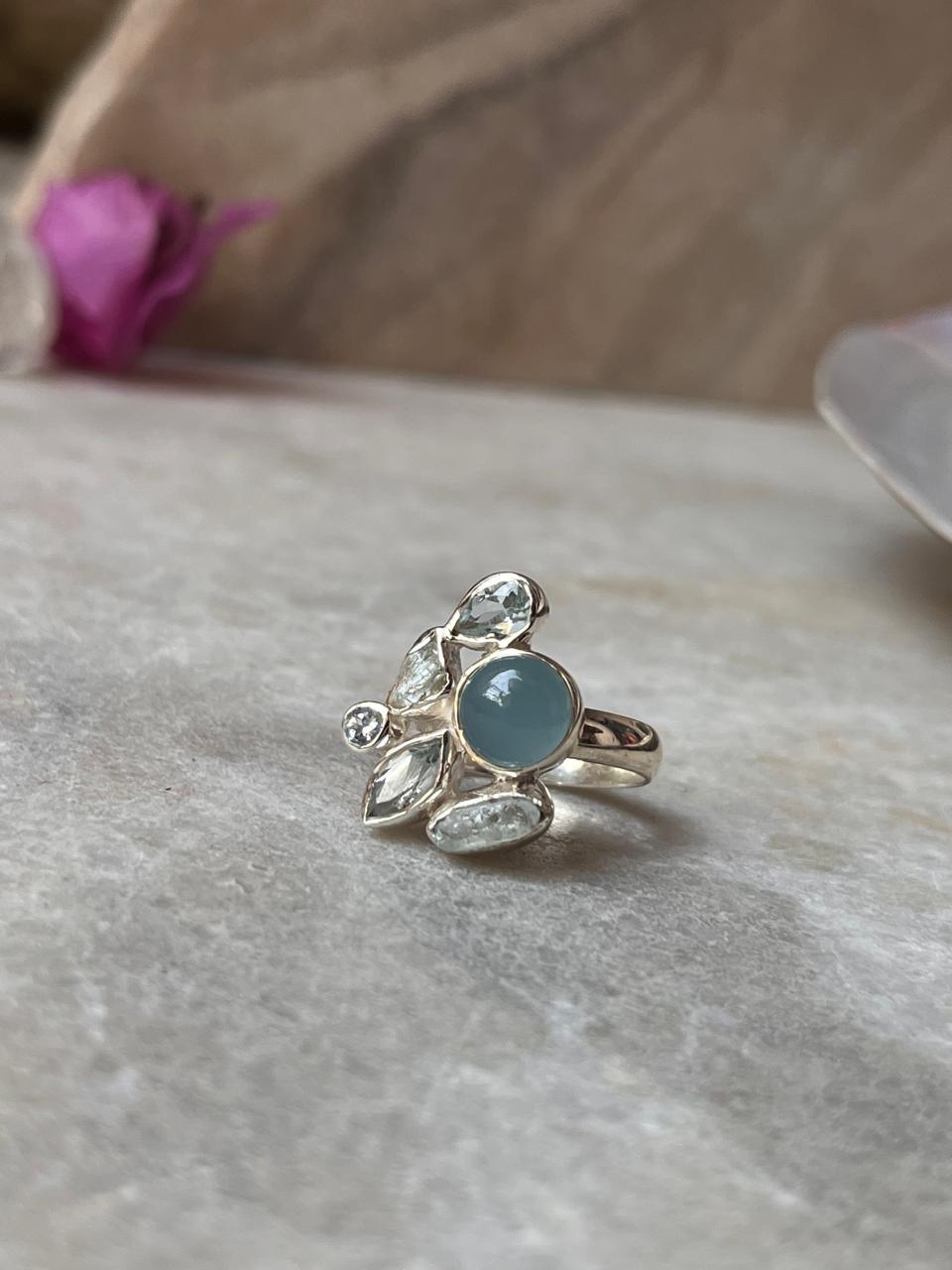 Aquamarine & Blue Topaz Cluster 3 925 Sterling Silver Ring