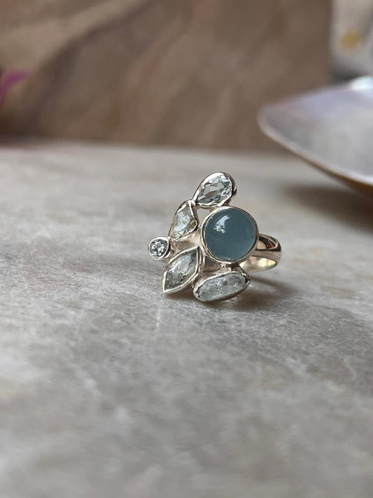 Aquamarine & Blue Topaz Cluster 3 925 Sterling Silver Ring