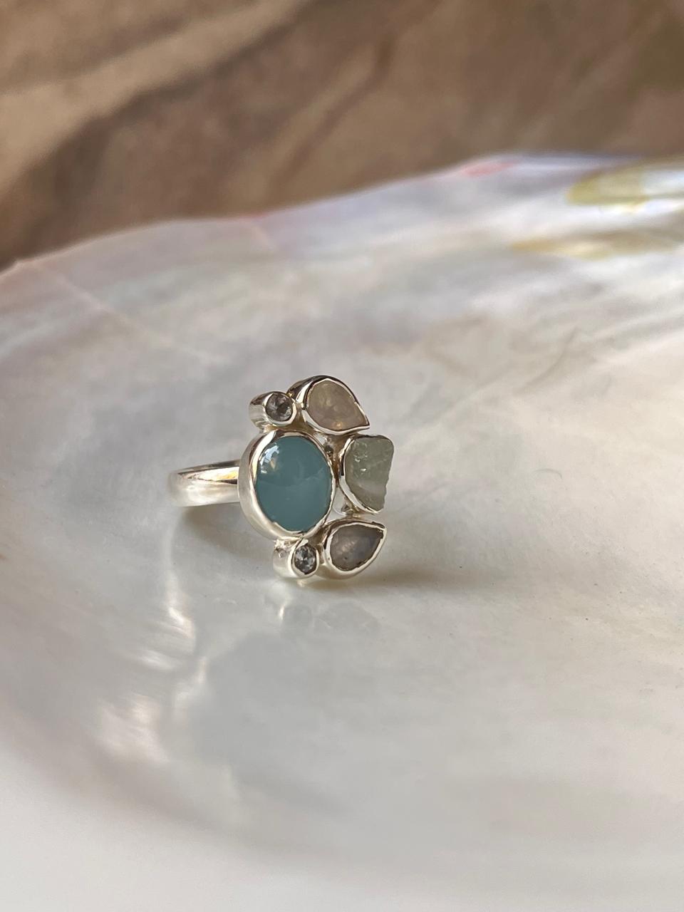 Aquamarine , Blue Topaz & Moonstone Cluster 925 Sterling Silver Ring