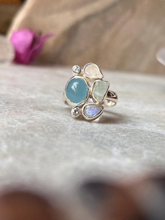 Aquamarine , Blue Topaz & Moonstone Cluster 925 Sterling Silver Ring