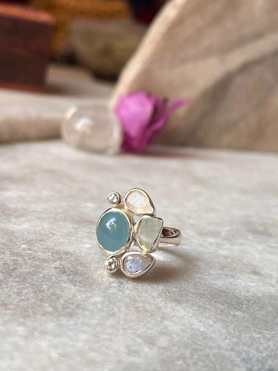 Aquamarine , Blue Topaz & Moonstone Cluster 925 Sterling Silver Ring