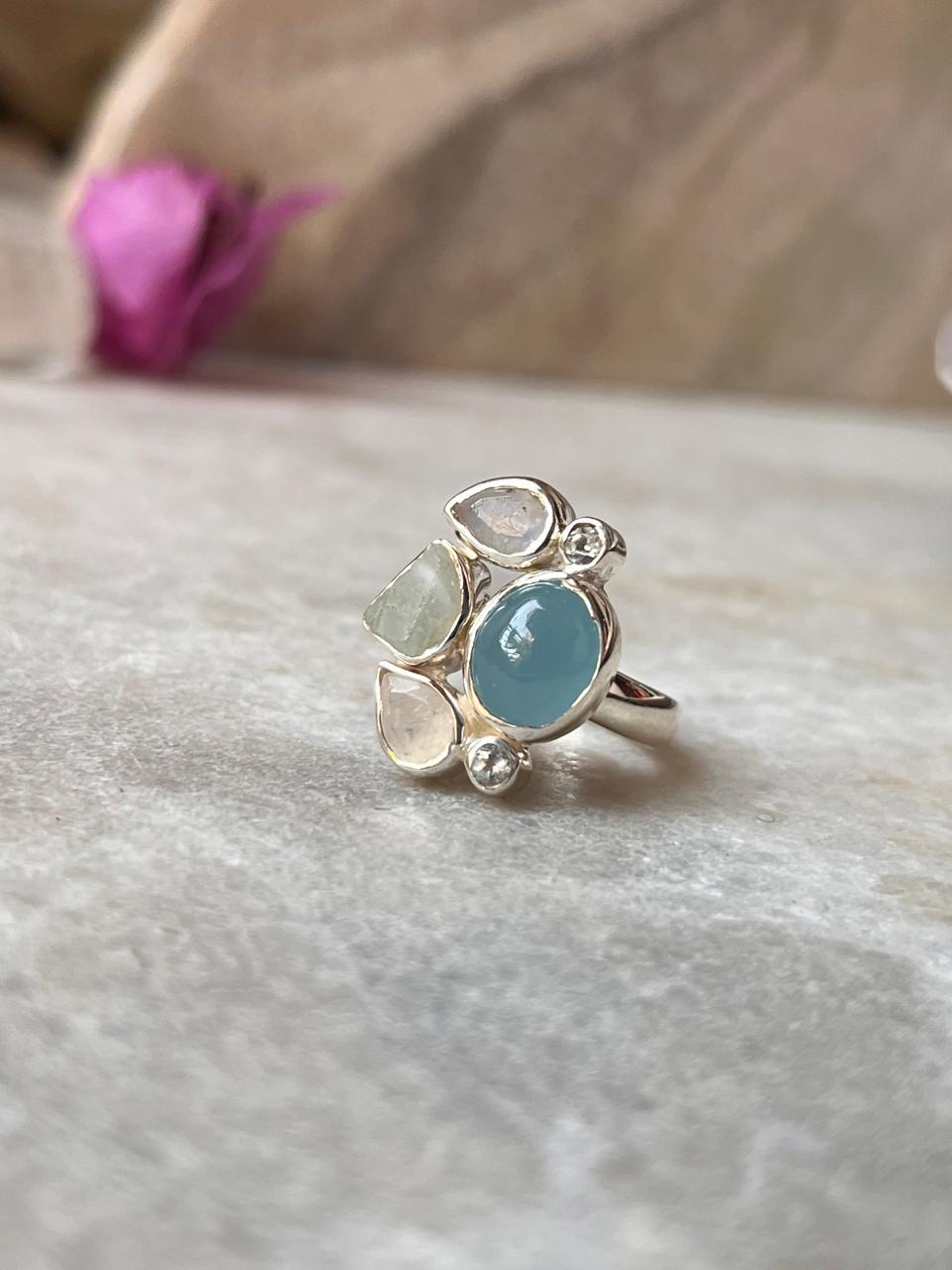 Aquamarine , Blue Topaz & Moonstone Cluster 925 Sterling Silver Ring