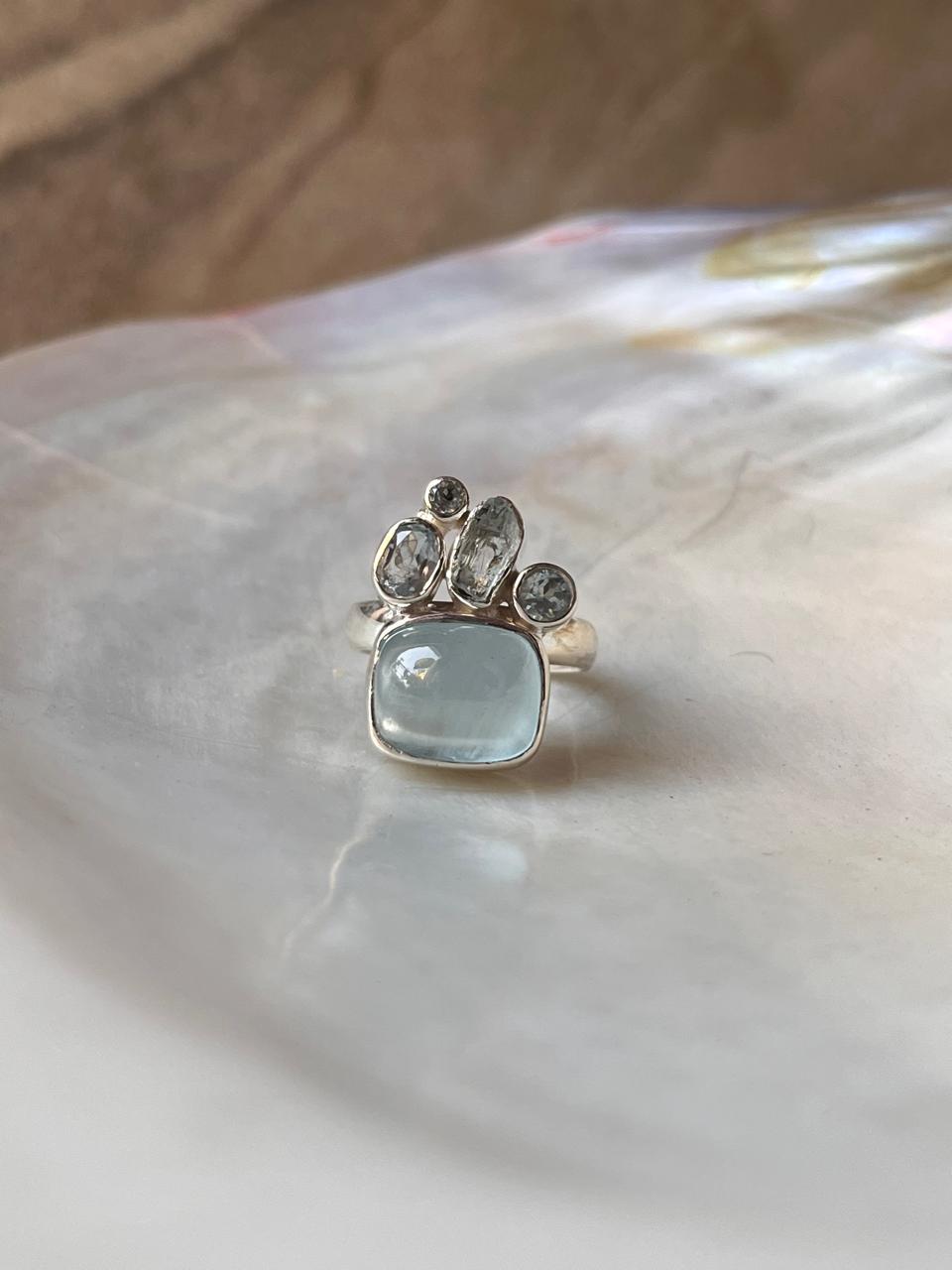 Aquamarine & Blue Topaz Cluster 1 925 Sterling Silver Ring