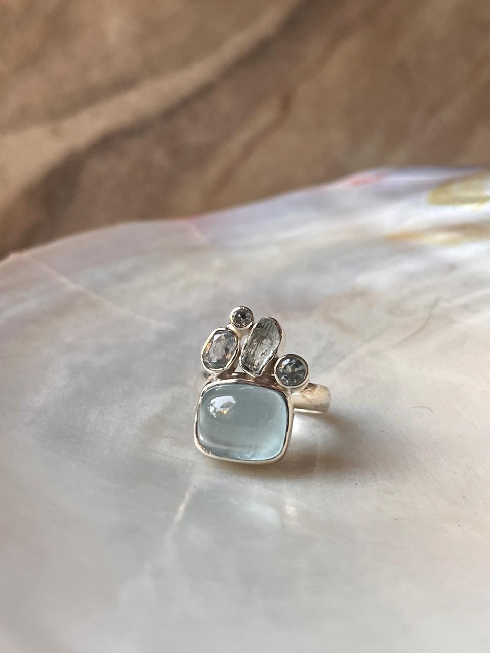 Aquamarine & Blue Topaz Cluster 1 925 Sterling Silver Ring