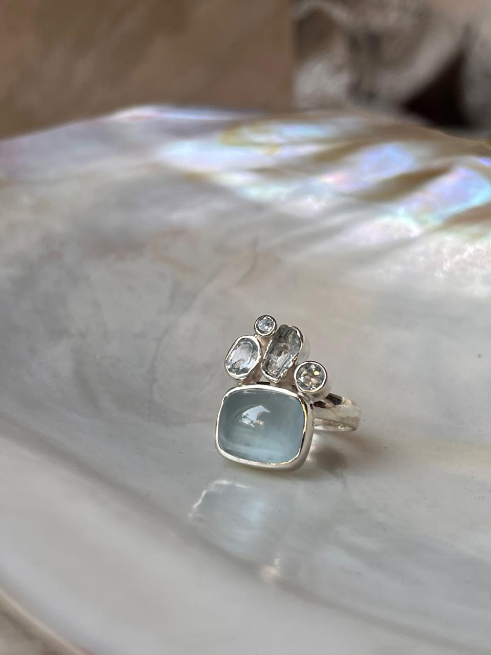 Aquamarine & Blue Topaz Cluster 1 925 Sterling Silver Ring