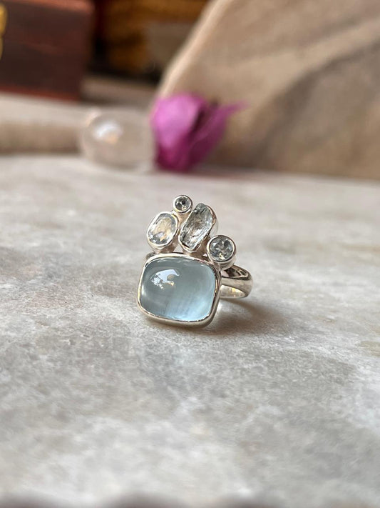 Aquamarine & Blue Topaz Cluster 1 925 Sterling Silver Ring