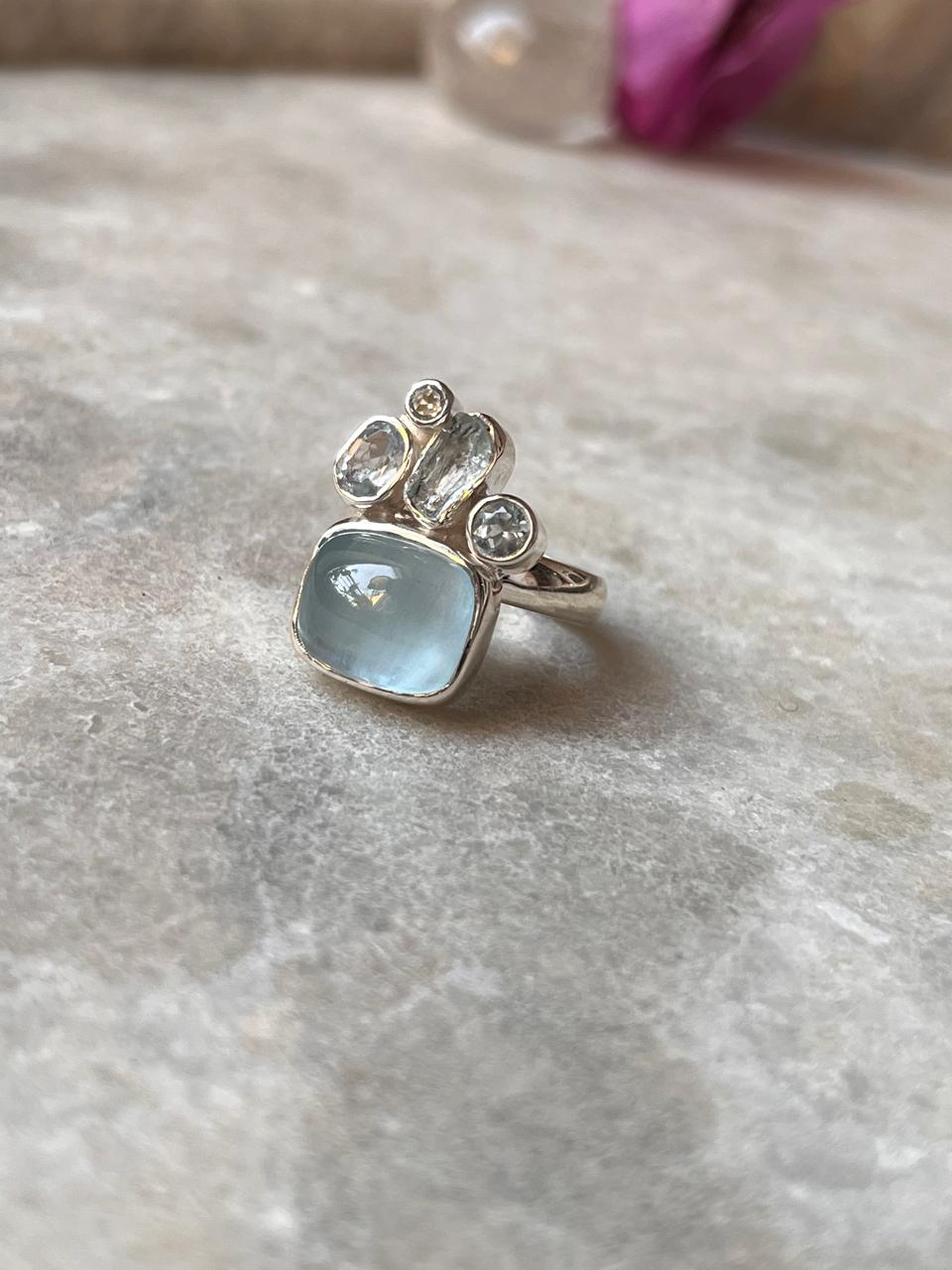Aquamarine & Blue Topaz Cluster 1 925 Sterling Silver Ring