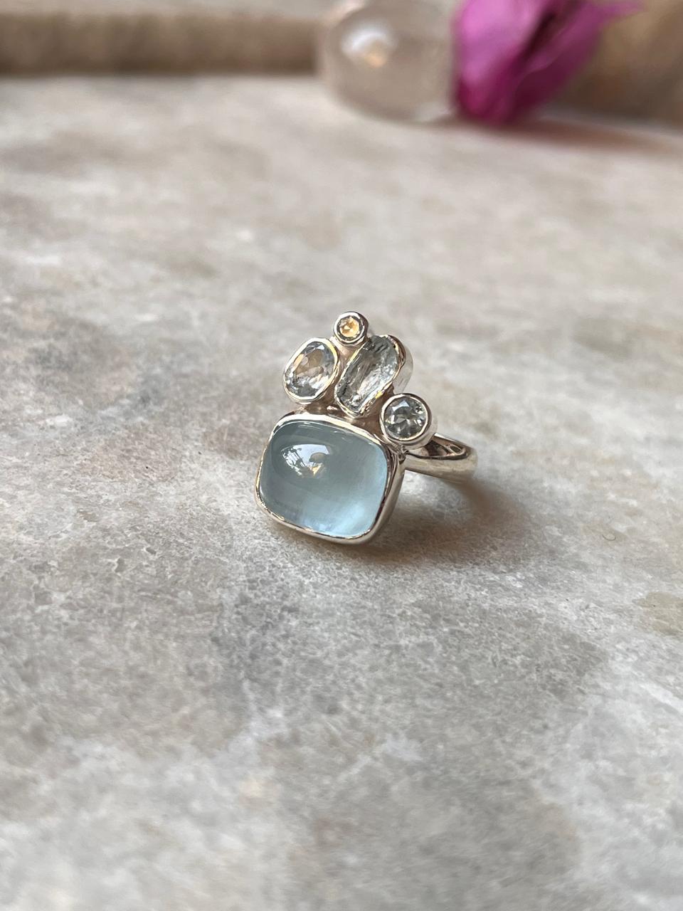 Aquamarine & Blue Topaz Cluster 1 925 Sterling Silver Ring