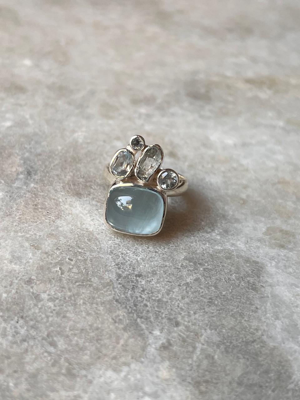 Aquamarine & Blue Topaz Cluster 1 925 Sterling Silver Ring