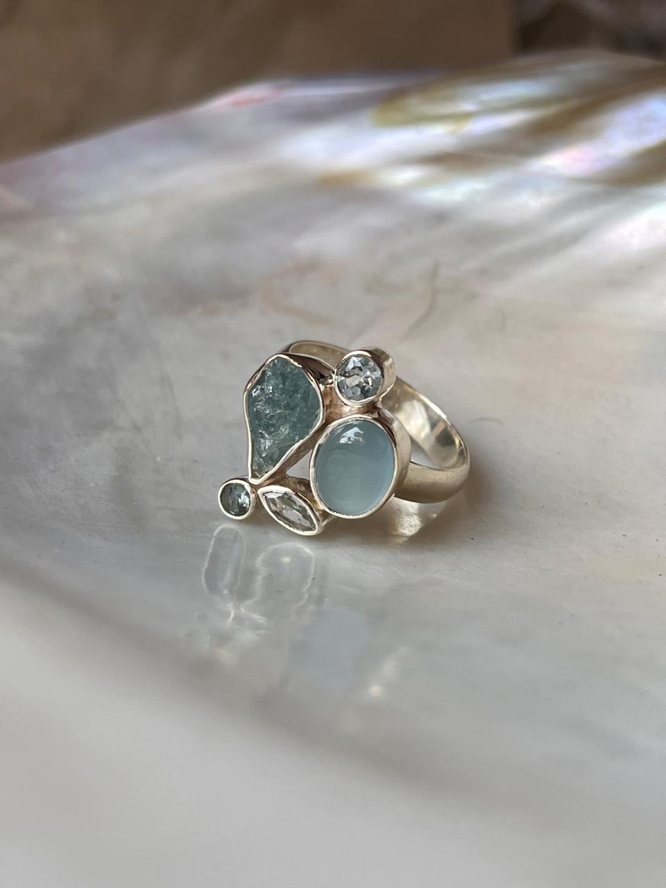Aquamarine & Blue topaz Cluster 2 925 Sterling Silver Ring