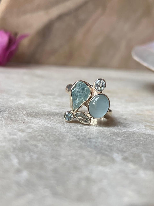 Aquamarine & Blue topaz Cluster 2 925 Sterling Silver Ring