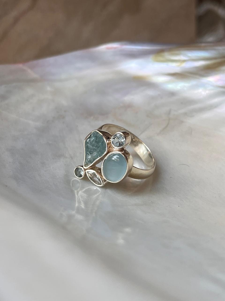 Aquamarine & Blue topaz Cluster 2 925 Sterling Silver Ring