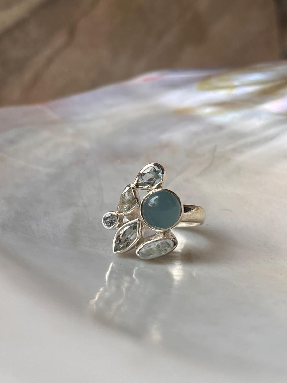 Aquamarine & Blue Topaz Cluster 3 925 Sterling Silver Ring