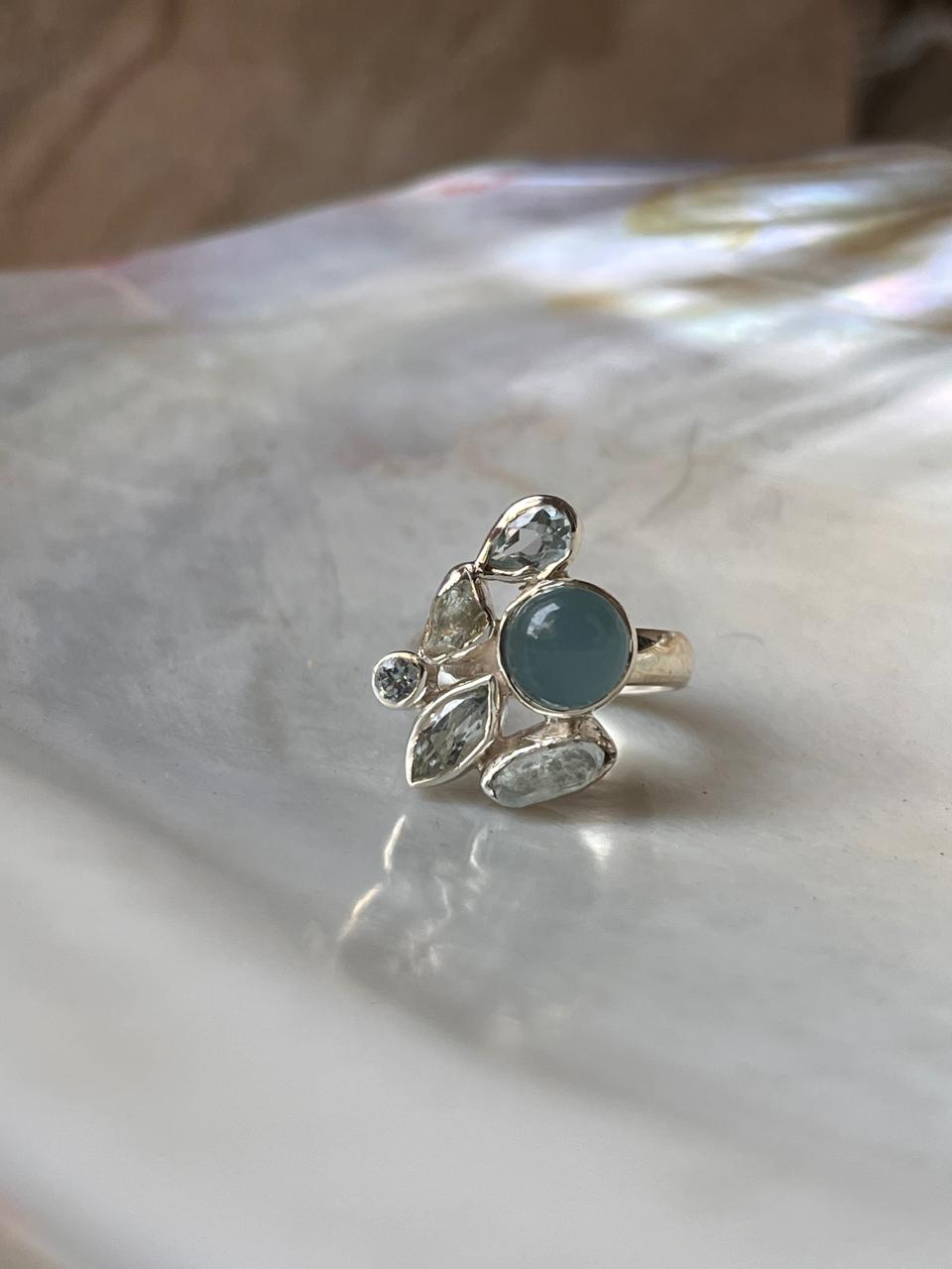 Aquamarine & Blue Topaz Cluster 3 925 Sterling Silver Ring