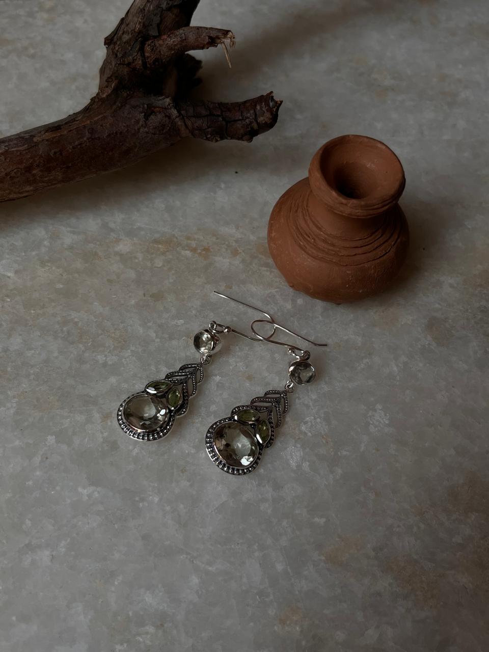 Peridot & Green Amethyst Vintage Style Statement 925 Sterling Silver Earrings