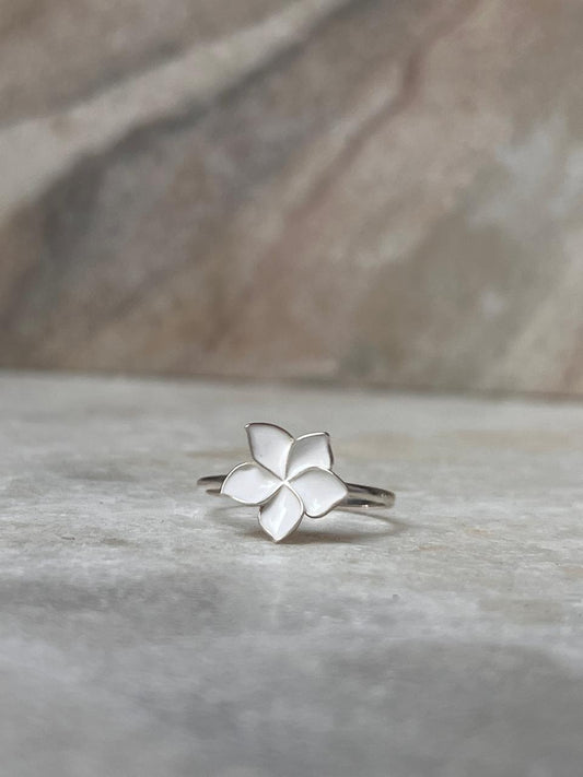 White Enamel Plumeria /Frangipani Flower 925 Sterling Silver Ring